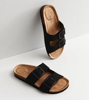 New Look Black Suedette Double Strap Footbed Sliders